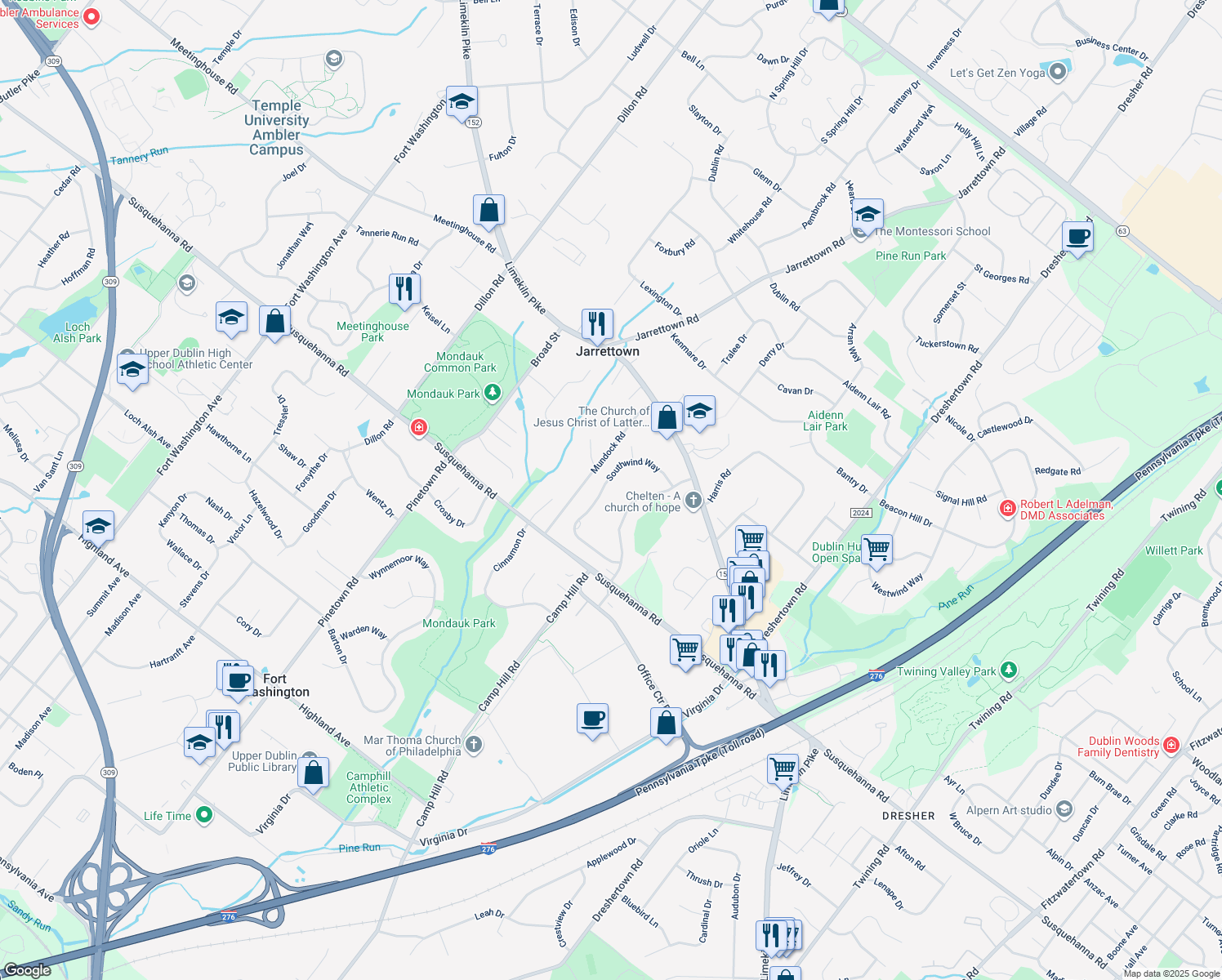 map of restaurants, bars, coffee shops, grocery stores, and more near 1423 Southwind Way in Dresher