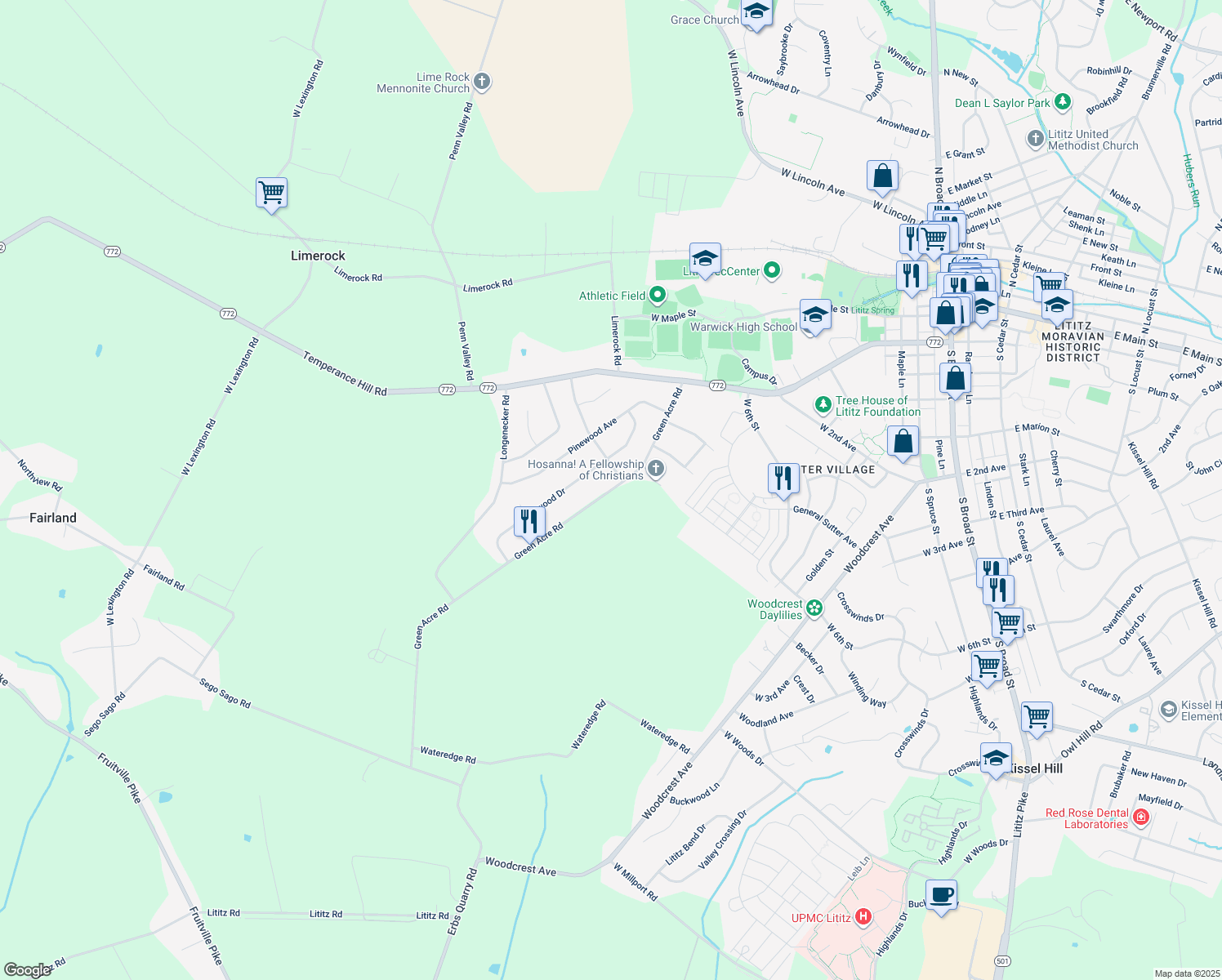 map of restaurants, bars, coffee shops, grocery stores, and more near 42 Green Acre Road in Lititz
