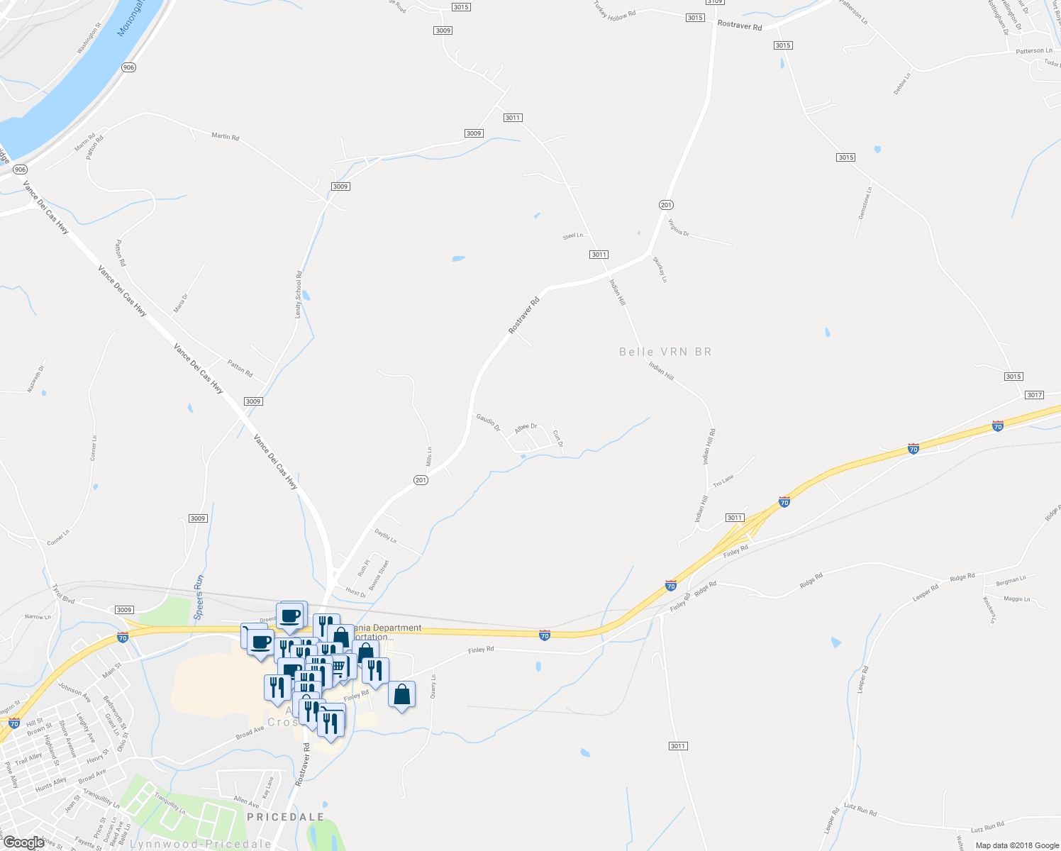 map of restaurants, bars, coffee shops, grocery stores, and more near Albee Drive in Belle Vernon