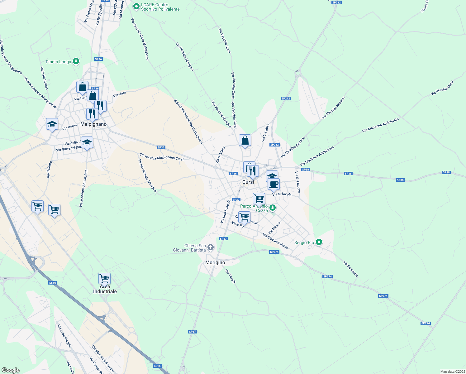 map of restaurants, bars, coffee shops, grocery stores, and more near 12 Via Manzoni in Cursi