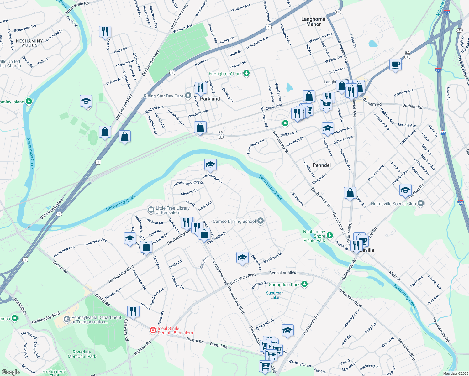 map of restaurants, bars, coffee shops, grocery stores, and more near 3133 Addison Court in Bensalem
