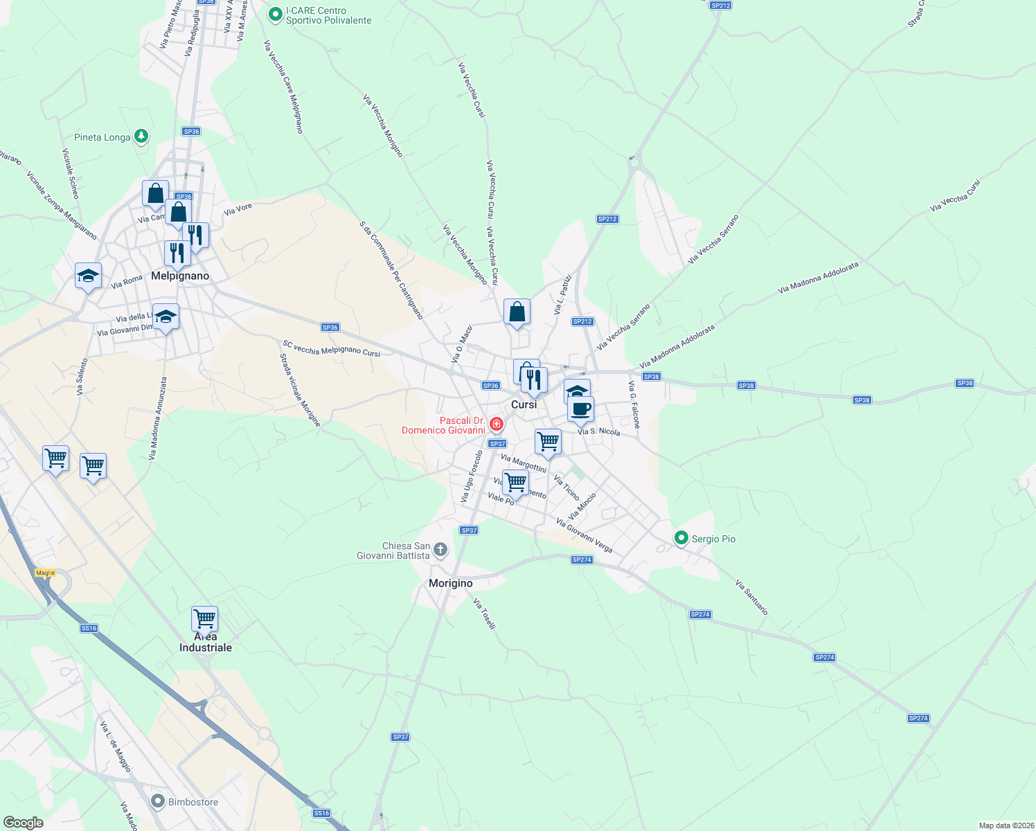 map of restaurants, bars, coffee shops, grocery stores, and more near 13 Via Maglie in Cursi