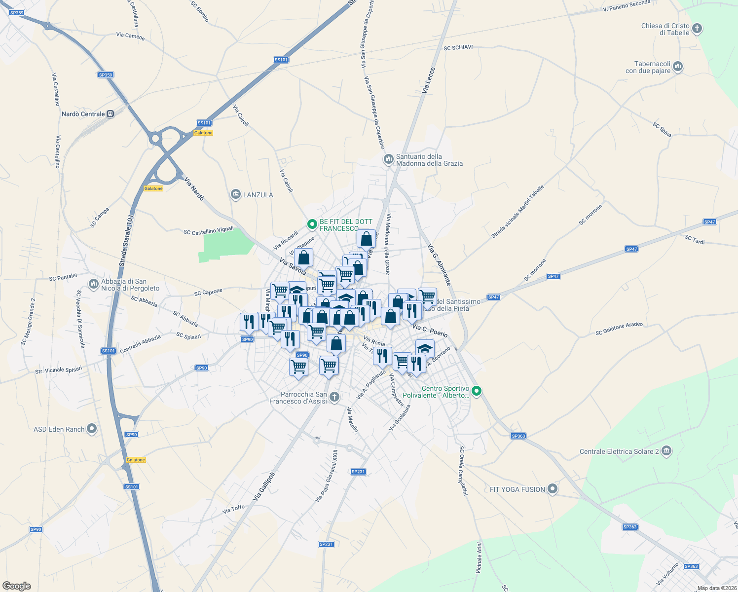 map of restaurants, bars, coffee shops, grocery stores, and more near 73 Via G. Leuzzi in Galatone