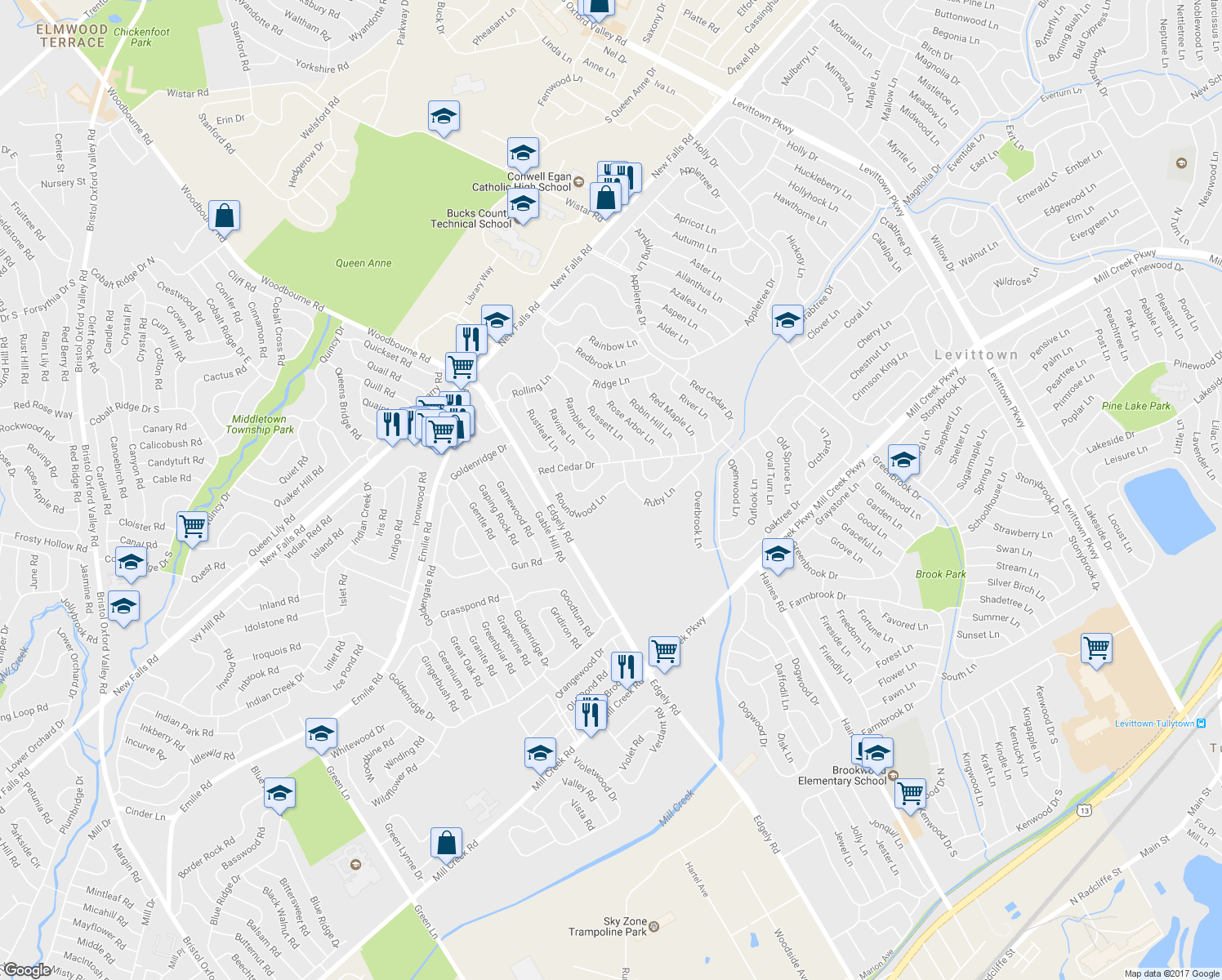 map of restaurants, bars, coffee shops, grocery stores, and more near 73 Roundwood Lane in Levittown