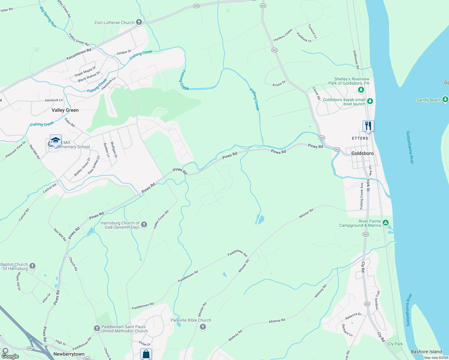 map of restaurants, bars, coffee shops, grocery stores, and more near 145 Red Maple Drive in York County