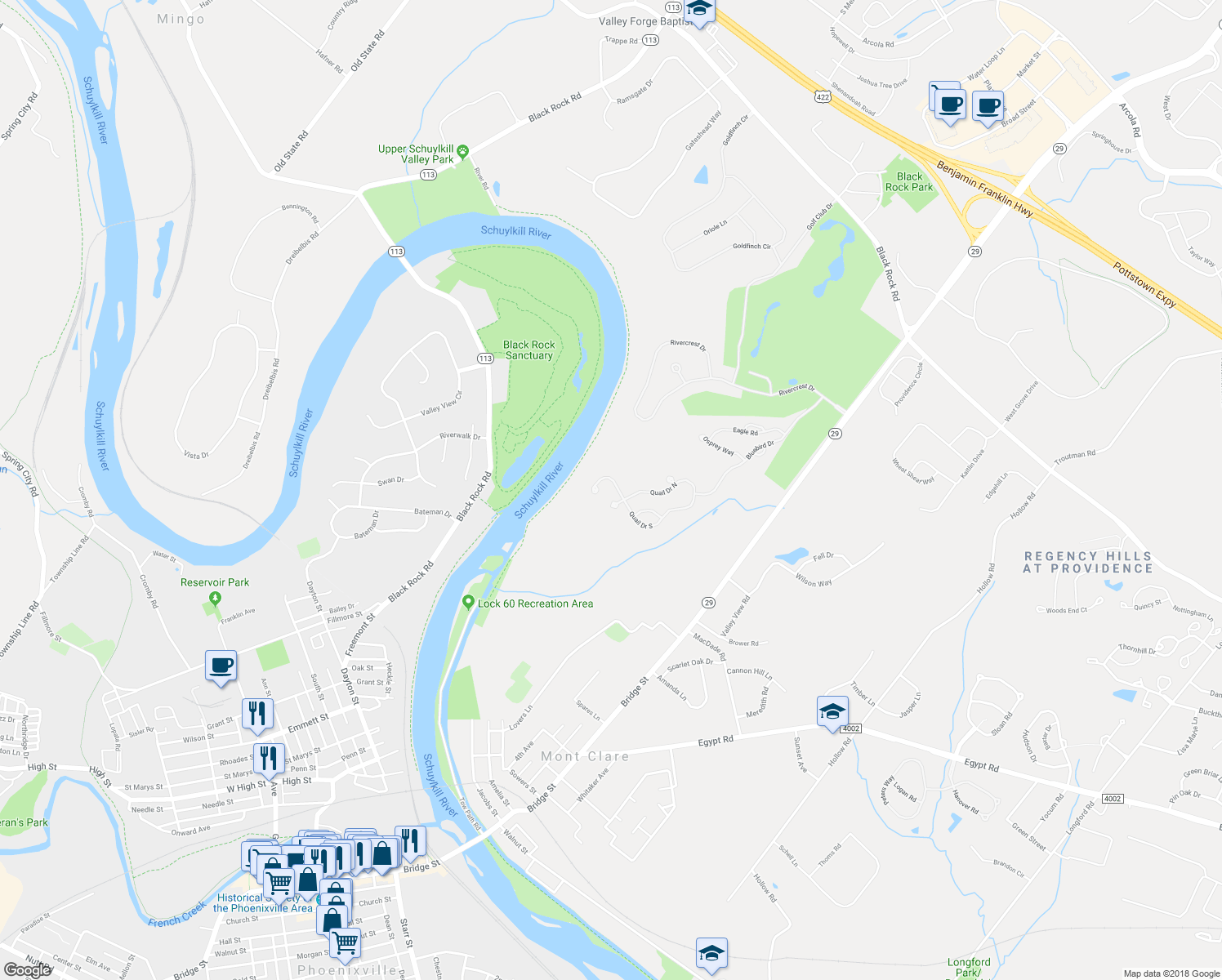 map of restaurants, bars, coffee shops, grocery stores, and more near 54 Quail Drive South in Phoenixville