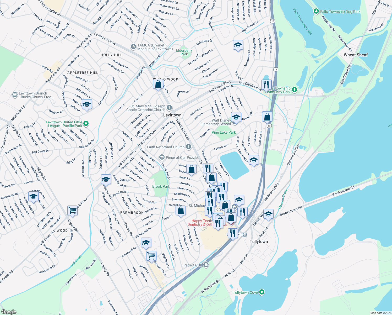 map of restaurants, bars, coffee shops, grocery stores, and more near 509 Stonybrook Drive in Levittown