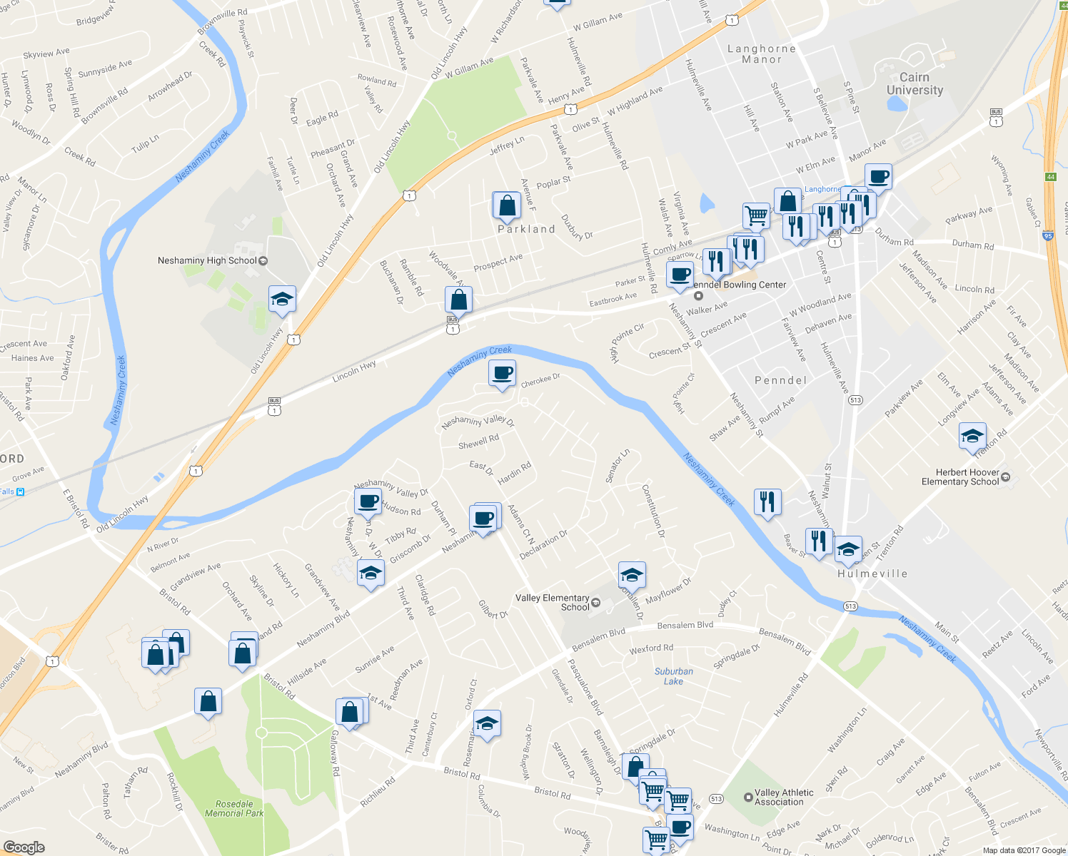 map of restaurants, bars, coffee shops, grocery stores, and more near 2924 Bunker Hill Court in Bensalem