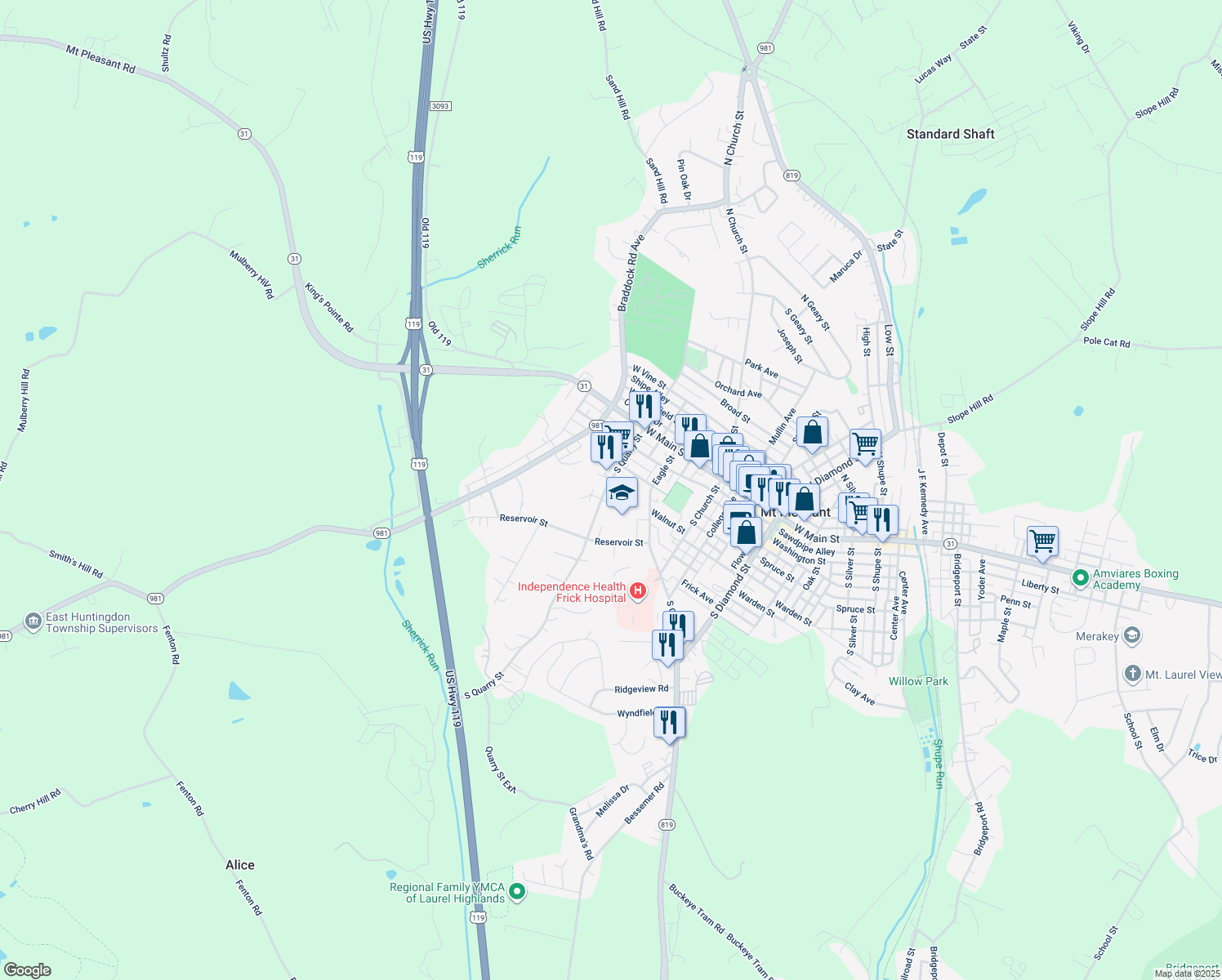map of restaurants, bars, coffee shops, grocery stores, and more near 131 South Quarry Street in Mount Pleasant