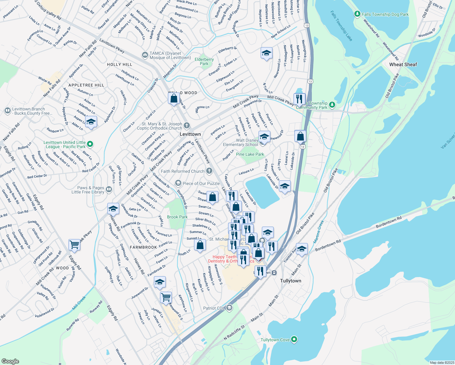 map of restaurants, bars, coffee shops, grocery stores, and more near 76 Lakeside Dr in Levittown