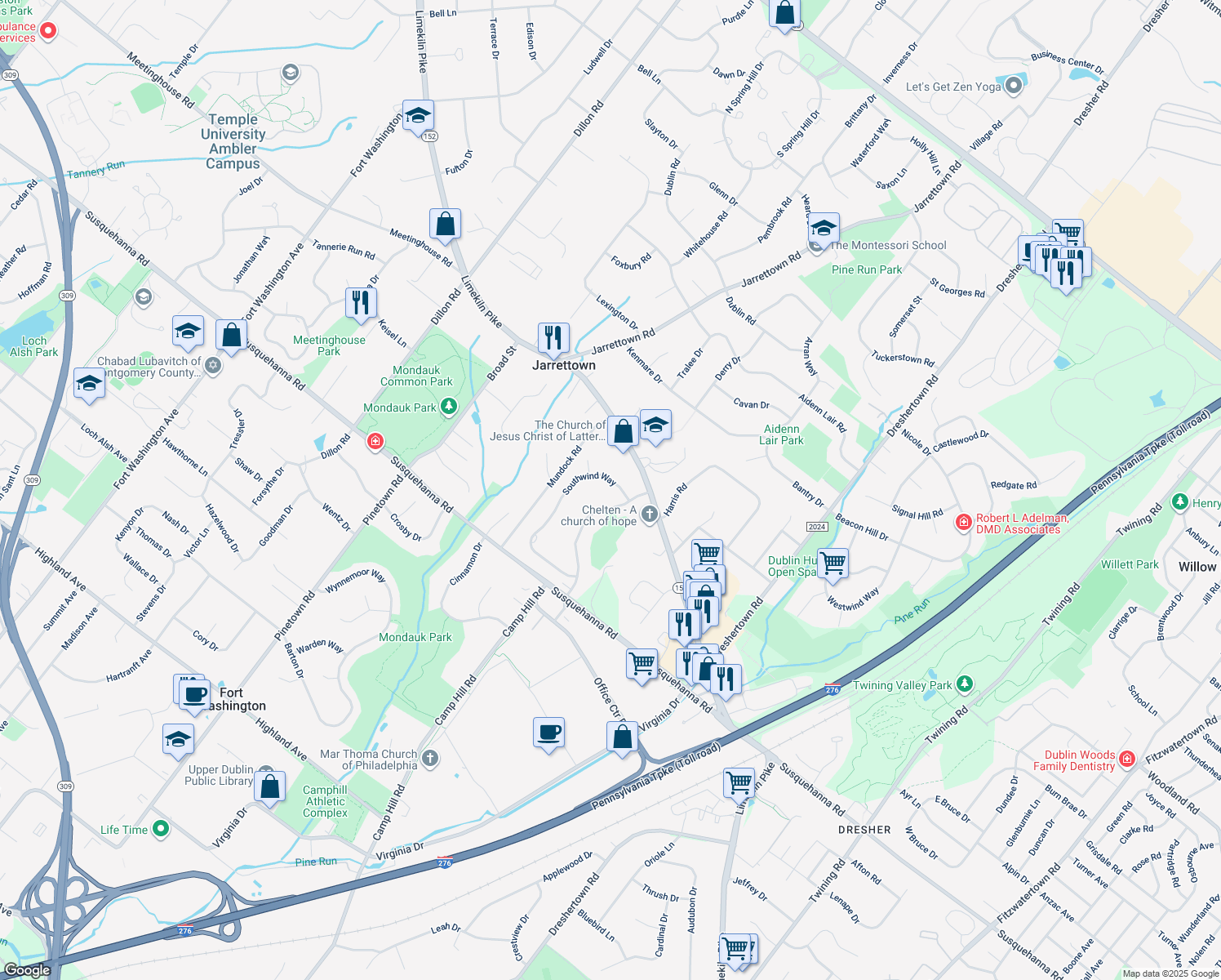 map of restaurants, bars, coffee shops, grocery stores, and more near 1437 Southwind Way in Dresher