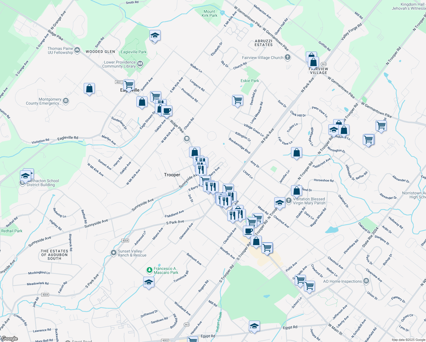 map of restaurants, bars, coffee shops, grocery stores, and more near 19 North Barry Avenue in Eagleville