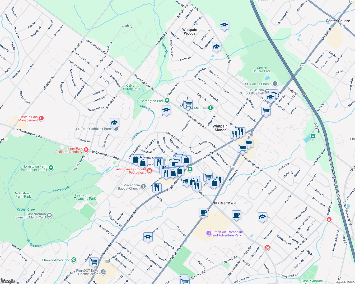 map of restaurants, bars, coffee shops, grocery stores, and more near 3038 Stoney Creek Road in Norristown