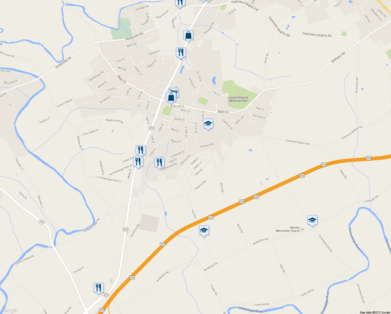 map of restaurants, bars, coffee shops, grocery stores, and more near 171 Eagle Drive in Ephrata
