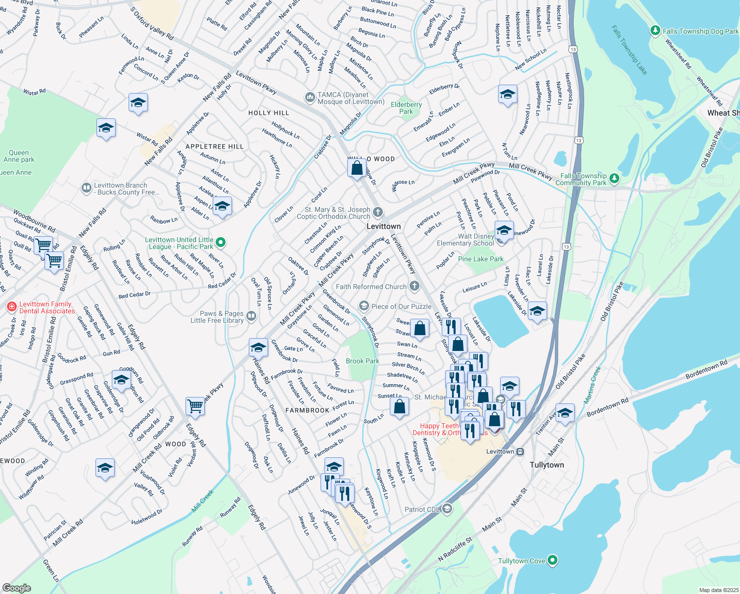 map of restaurants, bars, coffee shops, grocery stores, and more near 20 Shelter Lane in Levittown
