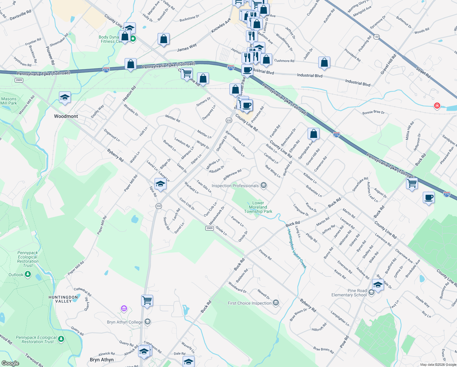 map of restaurants, bars, coffee shops, grocery stores, and more near 3736 Wheatsheaf Road in Montgomery County