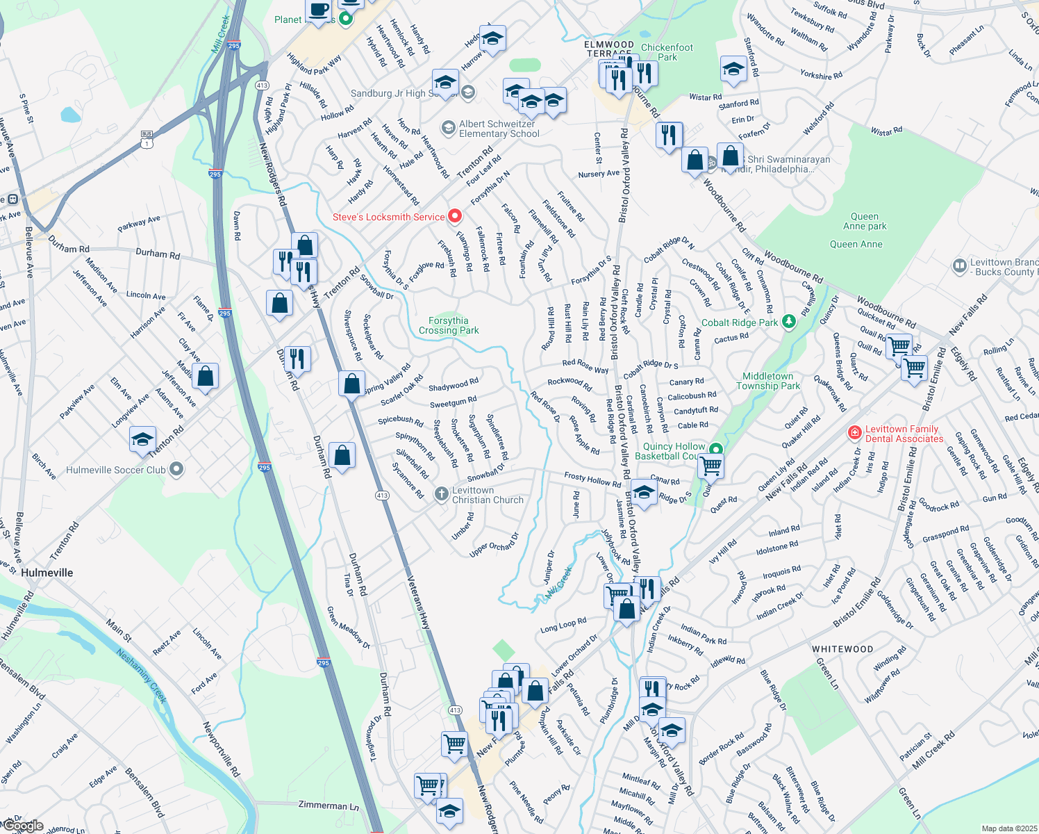 map of restaurants, bars, coffee shops, grocery stores, and more near 121 Snowball Drive in Levittown