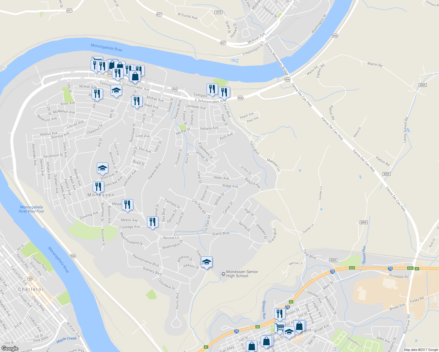 map of restaurants, bars, coffee shops, grocery stores, and more near 365 Helen Avenue in Monessen