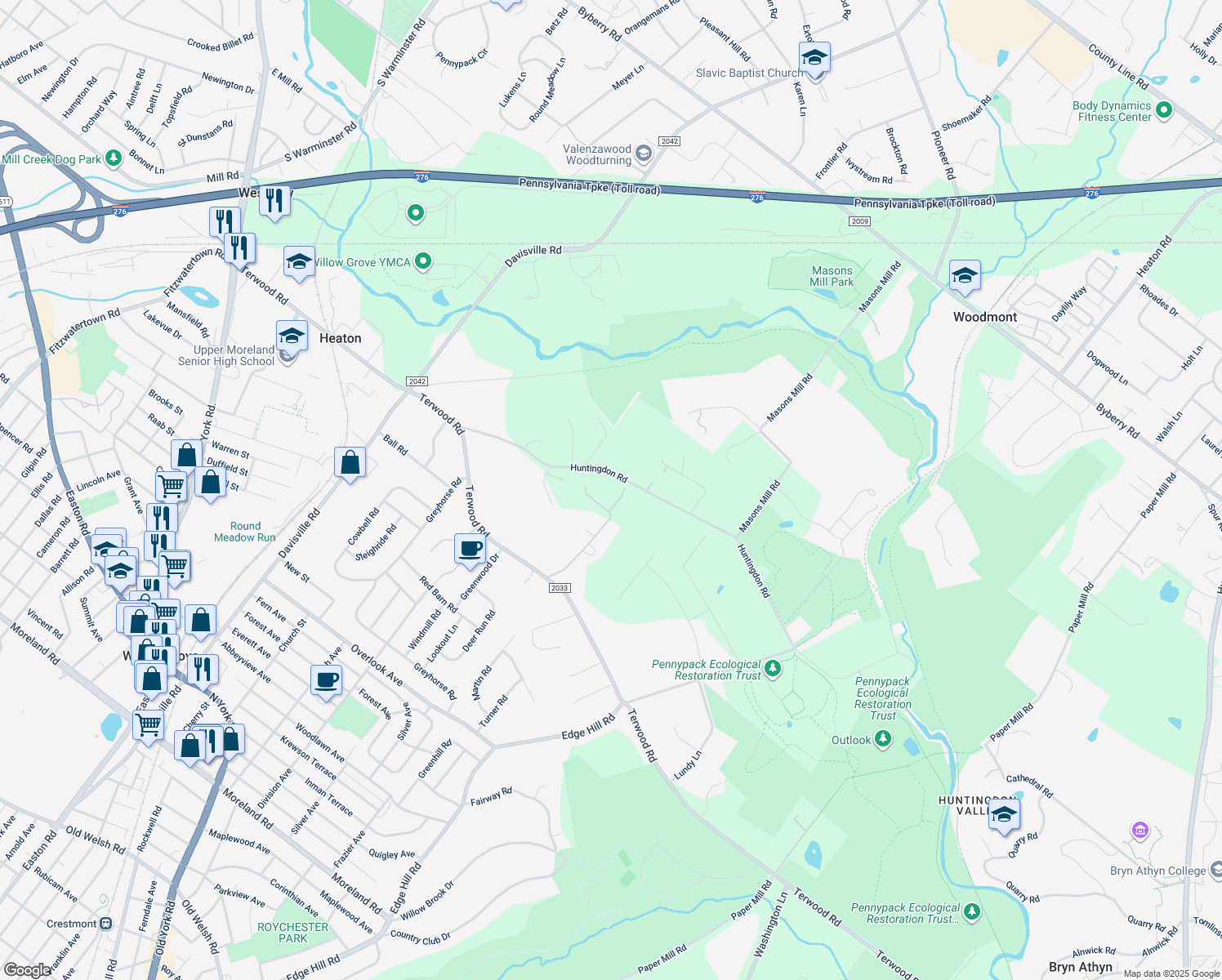 map of restaurants, bars, coffee shops, grocery stores, and more near 2160 Huntingdon Road in Montgomery County