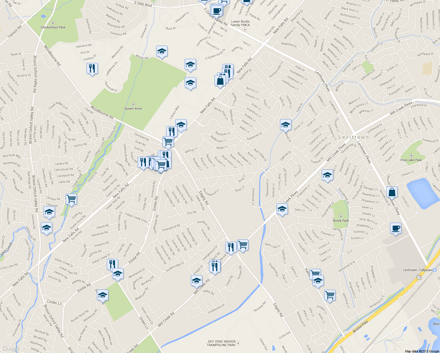 map of restaurants, bars, coffee shops, grocery stores, and more near 50 Red Cedar Drive in Levittown
