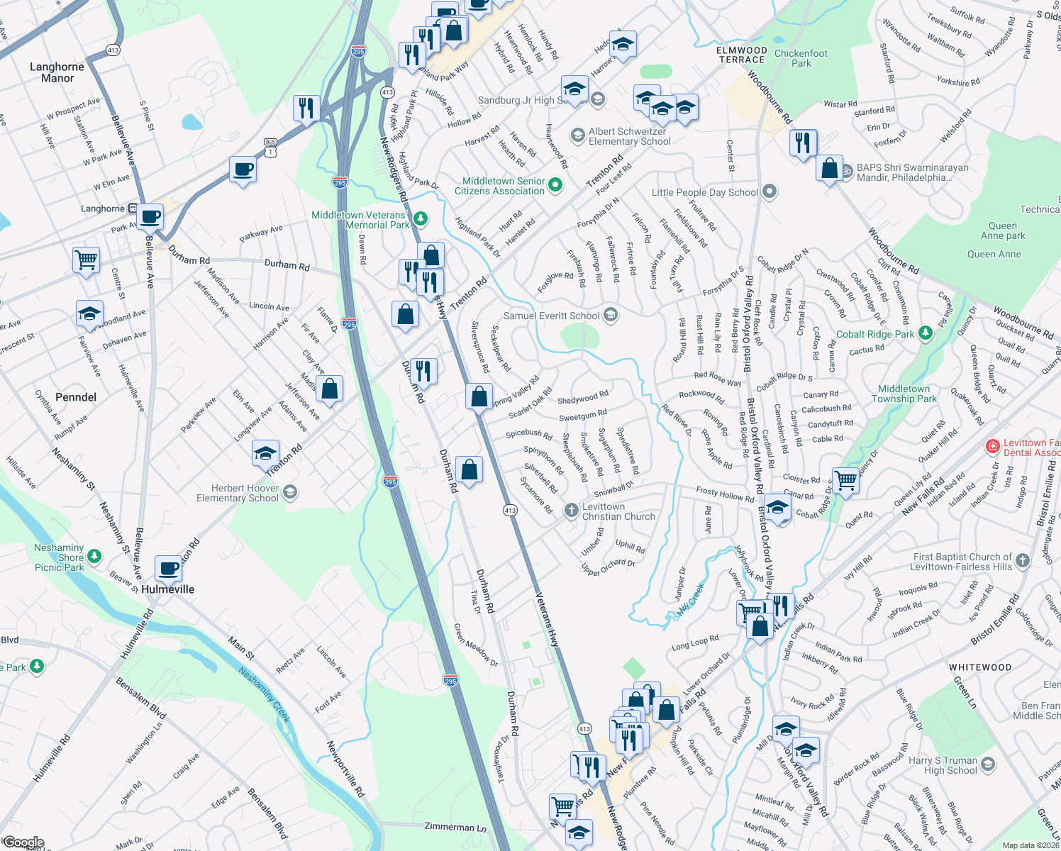 map of restaurants, bars, coffee shops, grocery stores, and more near 31 Spicebush Road in Levittown