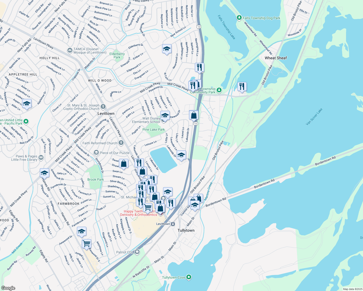 map of restaurants, bars, coffee shops, grocery stores, and more near 10 Lilac Lane in Levittown