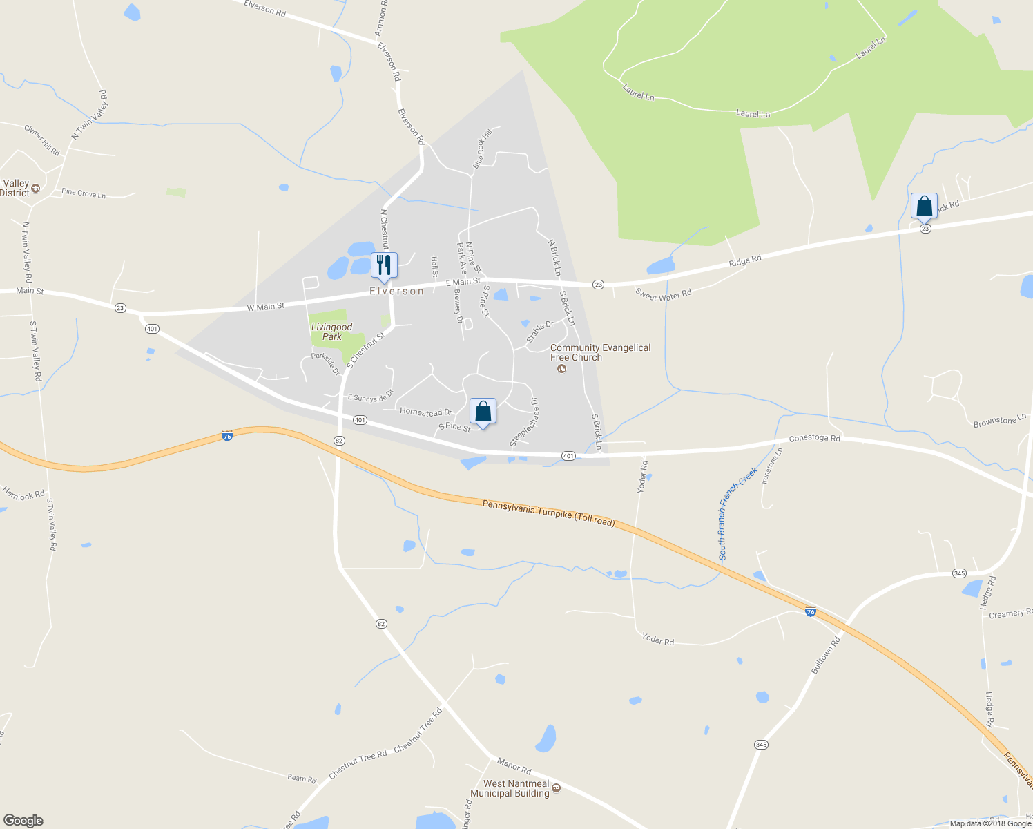 map of restaurants, bars, coffee shops, grocery stores, and more near 91 Ascot Drive in Elverson