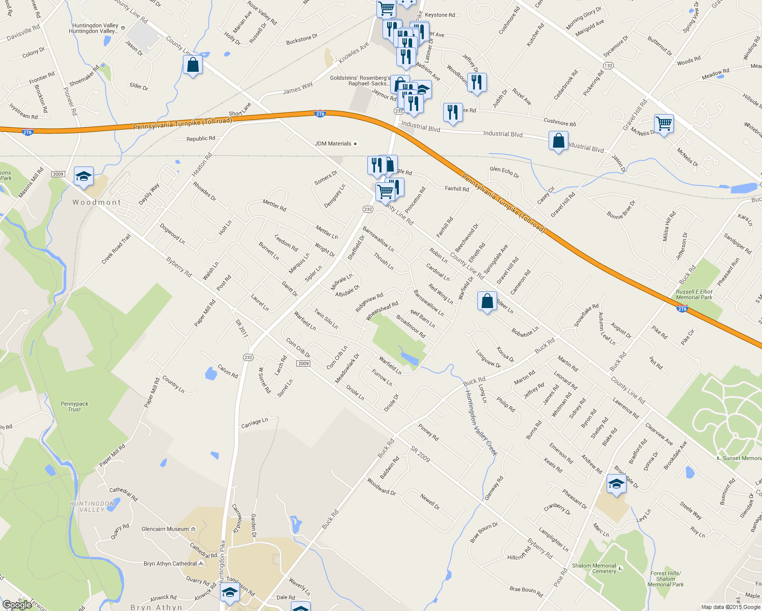 map of restaurants, bars, coffee shops, grocery stores, and more near 3778 Wheatsheaf Road in Huntingdon Valley