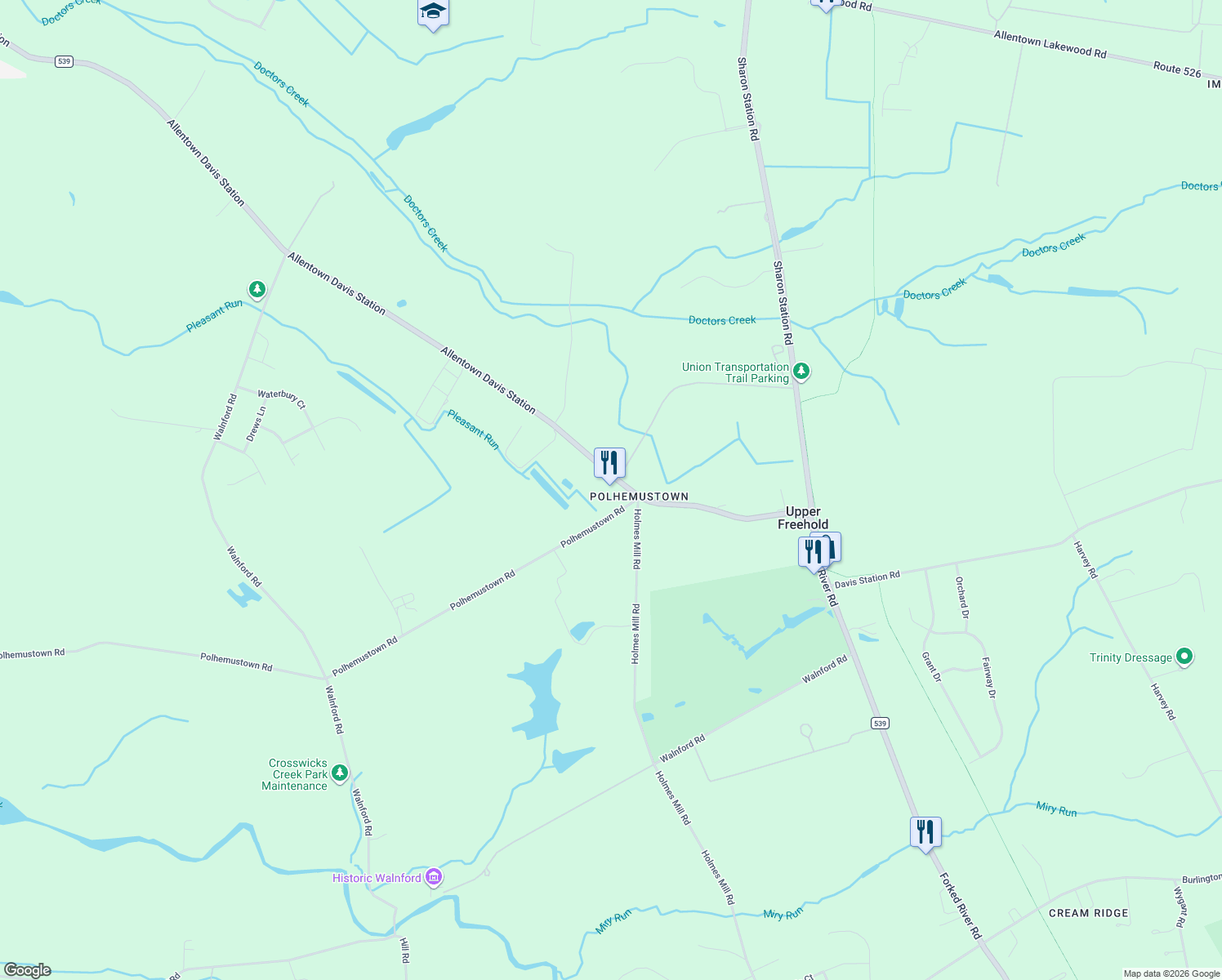 map of restaurants, bars, coffee shops, grocery stores, and more near 145 County Road 539 in Upper Freehold