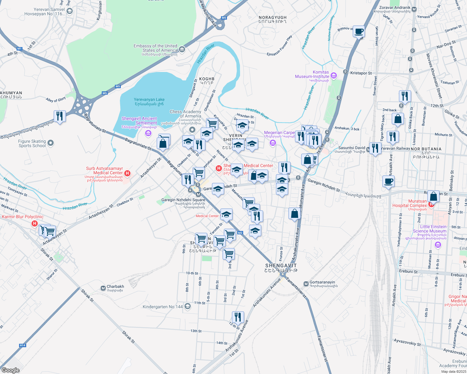 map of restaurants, bars, coffee shops, grocery stores, and more near 10 Garegin Nzhdeh Street in Yerevan
