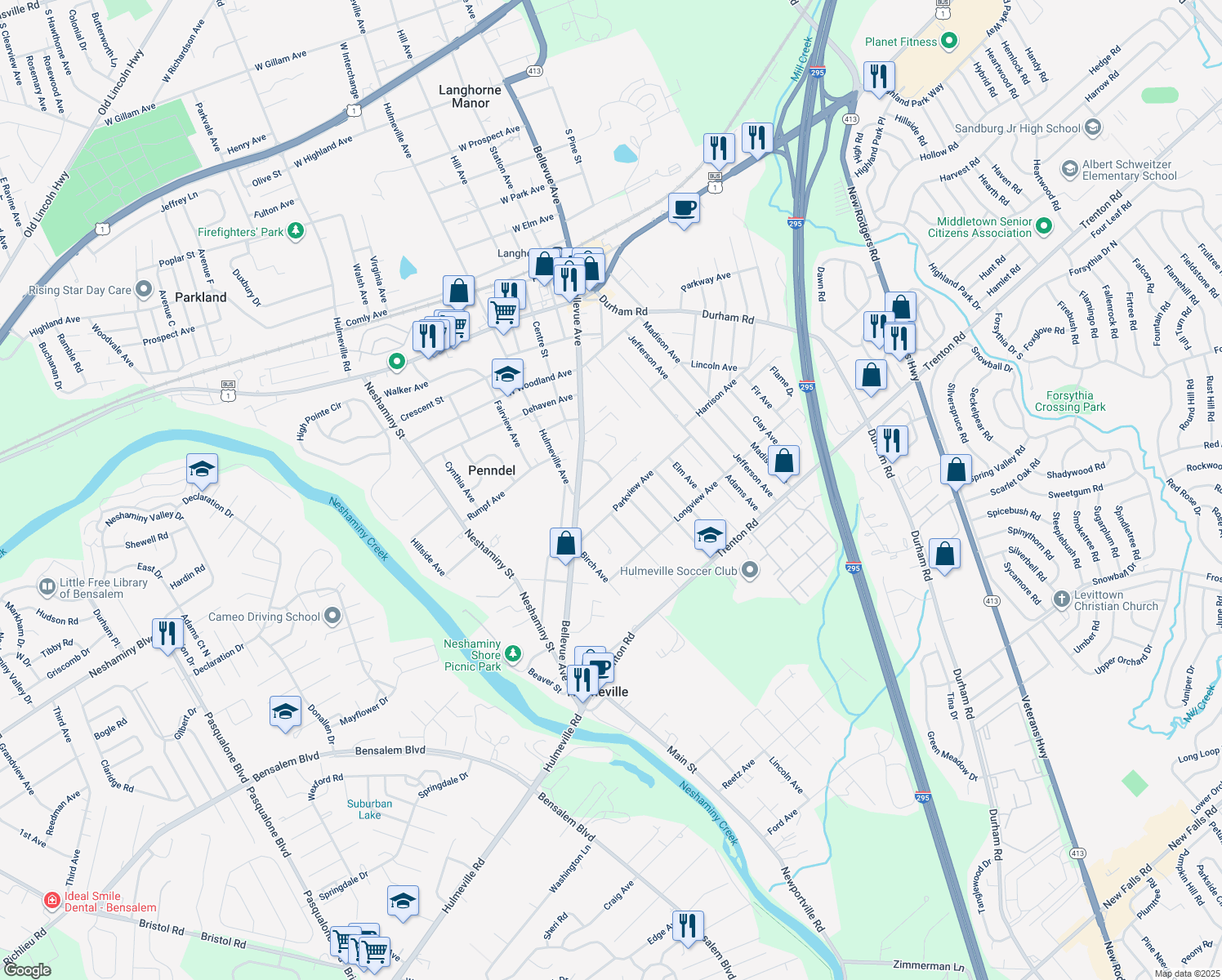 map of restaurants, bars, coffee shops, grocery stores, and more near 75 Holly Avenue in Penndel
