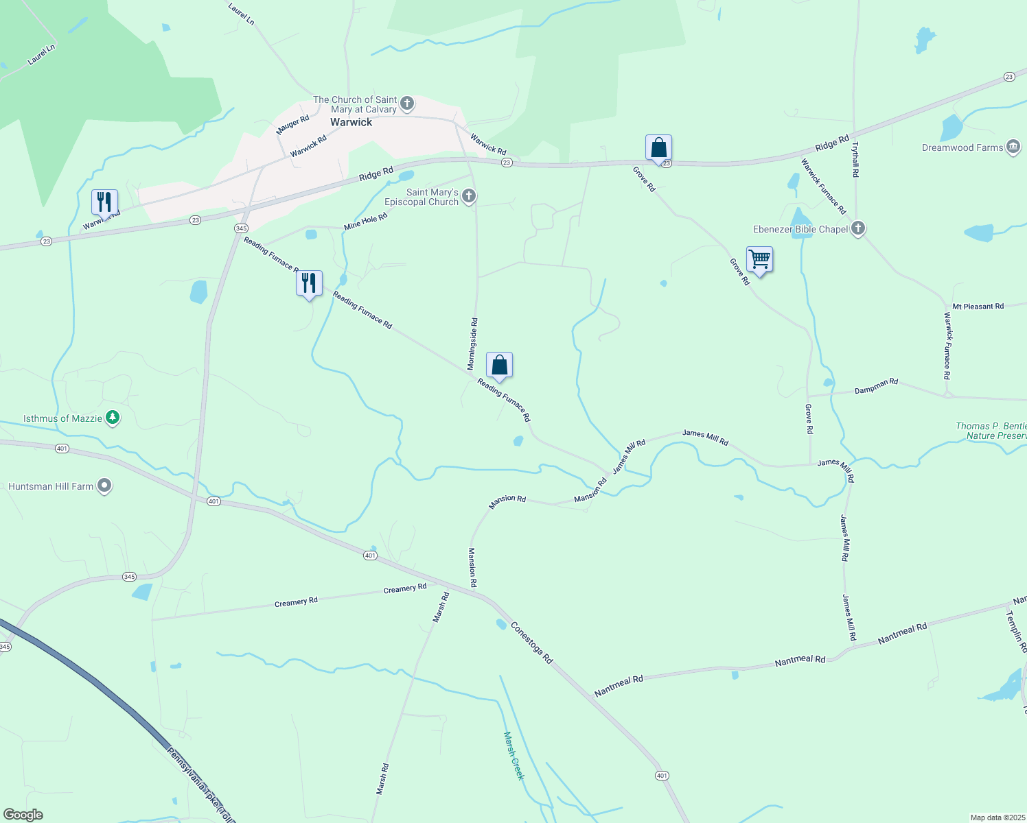 map of restaurants, bars, coffee shops, grocery stores, and more near 352 Reading Furnace Road in Elverson