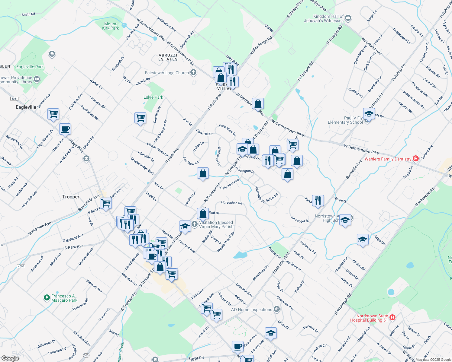 map of restaurants, bars, coffee shops, grocery stores, and more near 2514 Rockwood Drive in Norristown