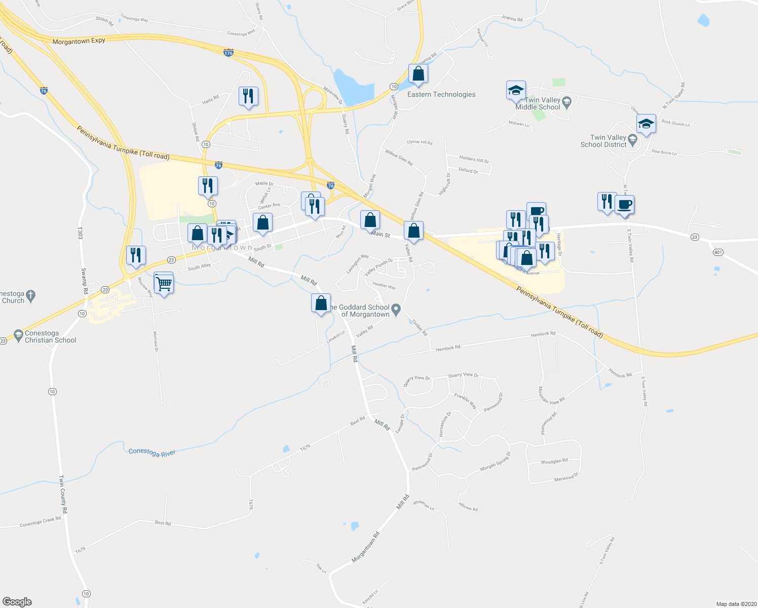 map of restaurants, bars, coffee shops, grocery stores, and more near 50 Dover Court in Morgantown