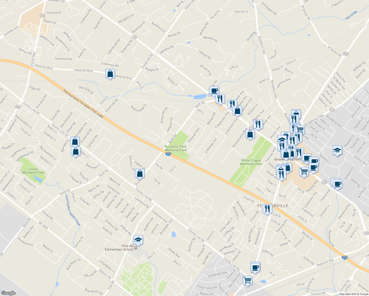 map of restaurants, bars, coffee shops, grocery stores, and more near 150 Pheasant Run in Feasterville-Trevose