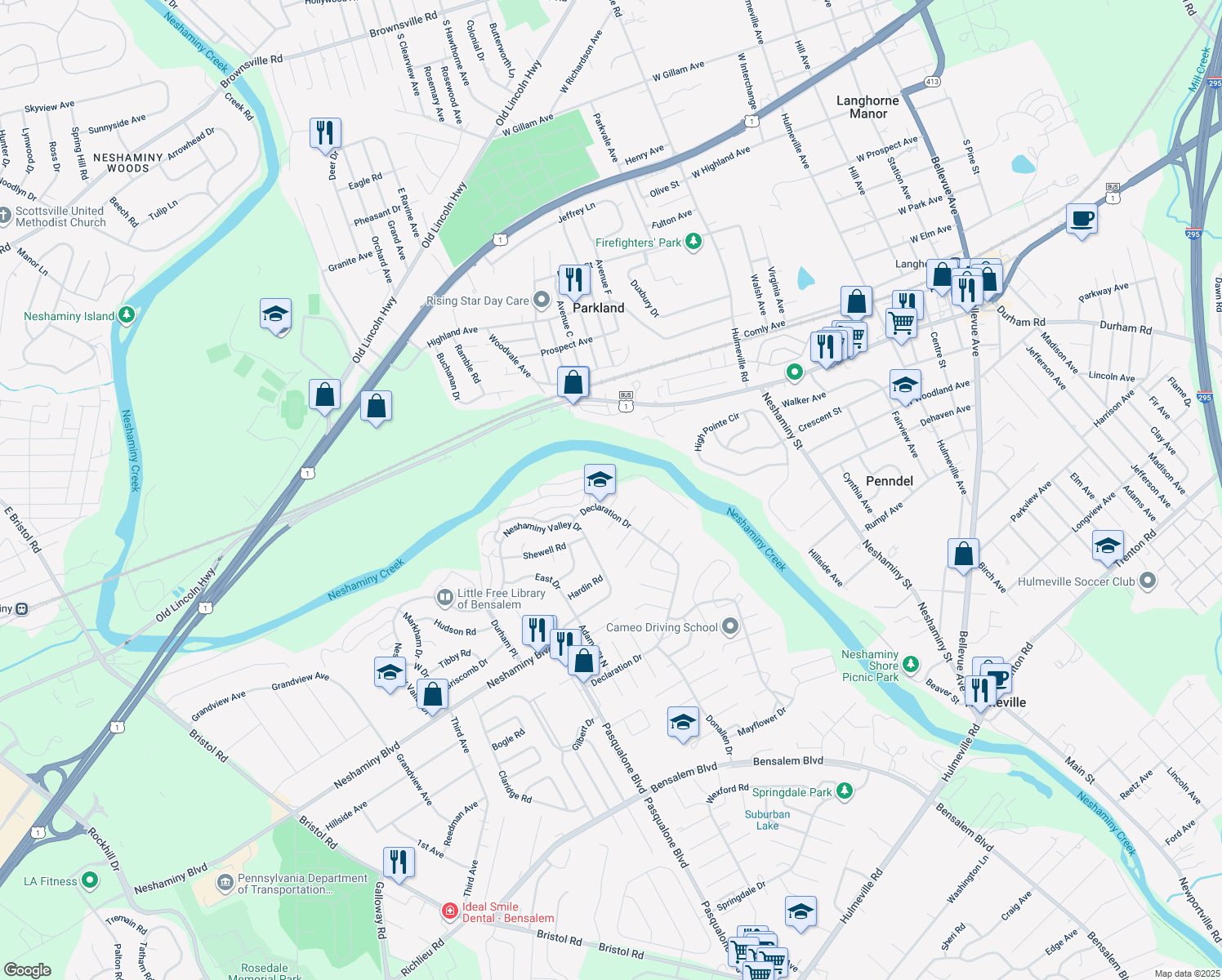 map of restaurants, bars, coffee shops, grocery stores, and more near 3020 Ashley Court in Bensalem