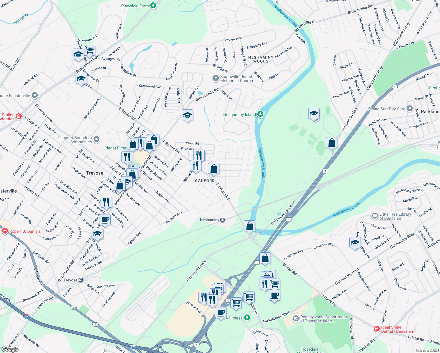 map of restaurants, bars, coffee shops, grocery stores, and more near 1164 Siles Avenue in Feasterville-Trevose