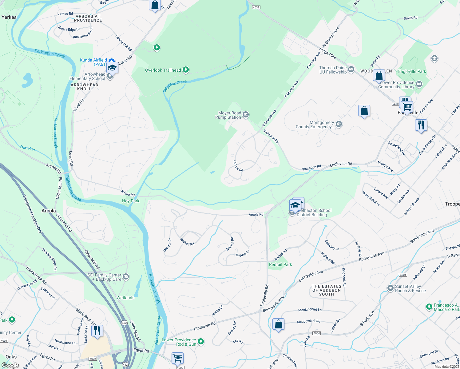 map of restaurants, bars, coffee shops, grocery stores, and more near 6007 Shady Wood Circle in Collegeville