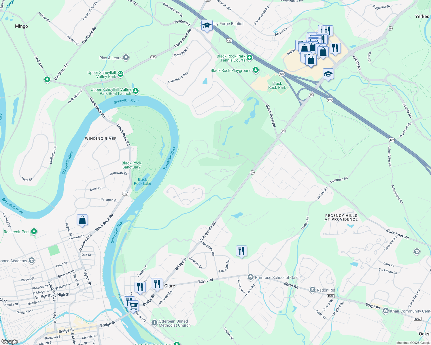 map of restaurants, bars, coffee shops, grocery stores, and more near 30 Eagle Road in Phoenixville