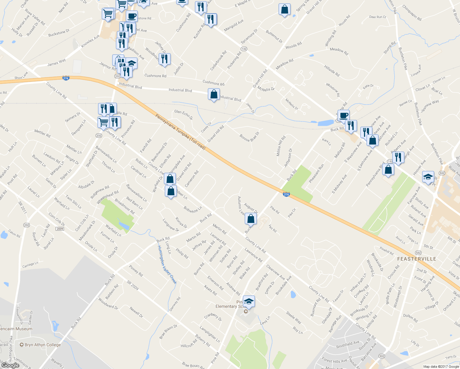 map of restaurants, bars, coffee shops, grocery stores, and more near 135 Spring Flower Court in Bucks County
