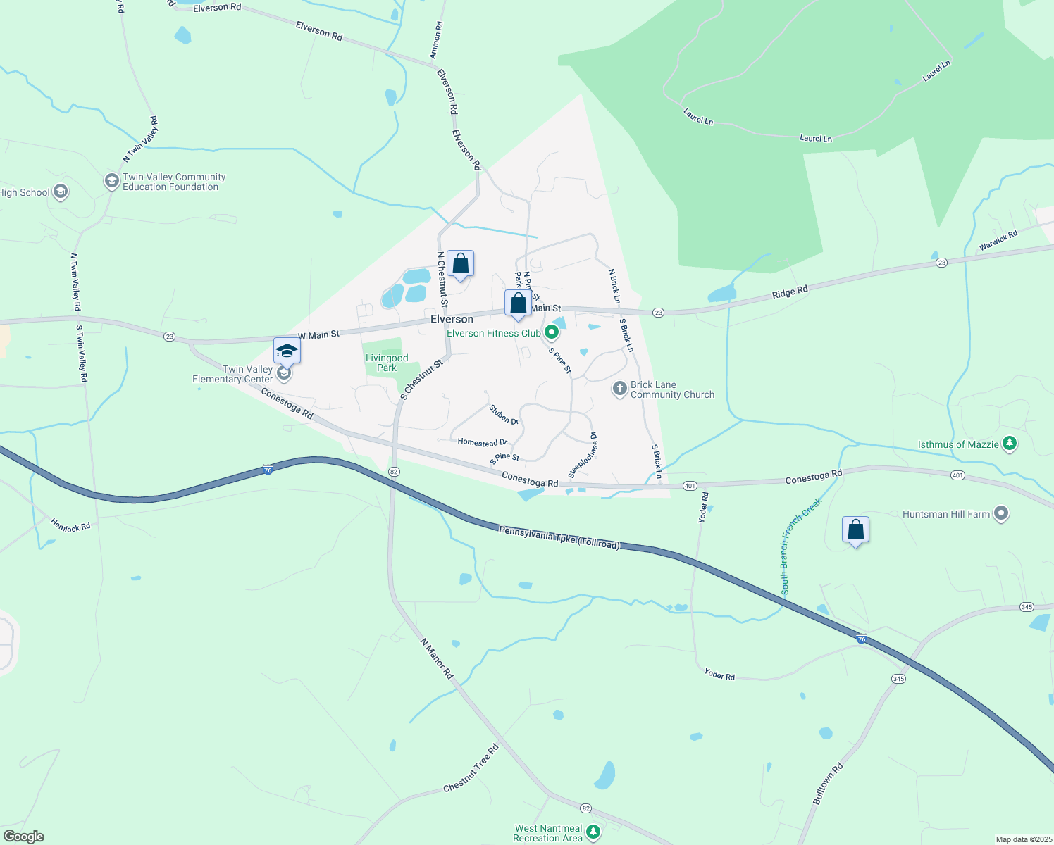 map of restaurants, bars, coffee shops, grocery stores, and more near 316 Steeplechase Dr in Elverson