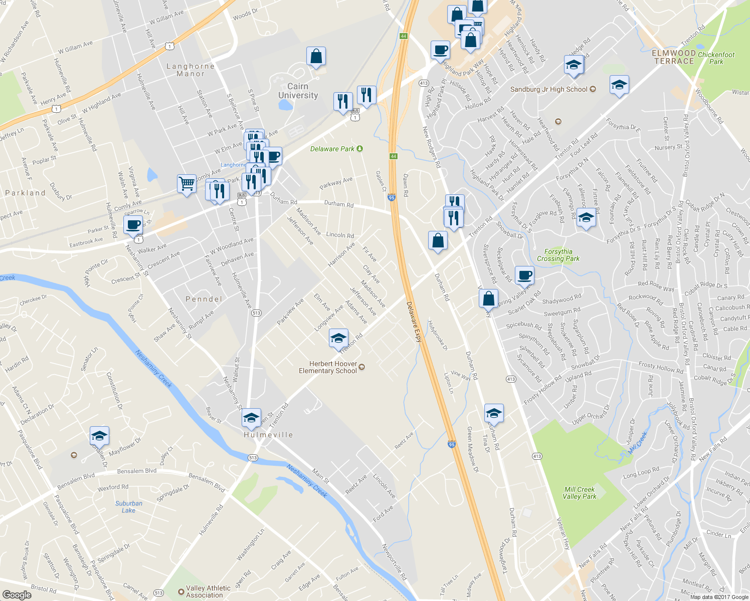 map of restaurants, bars, coffee shops, grocery stores, and more near 904 Madison Avenue in Langhorne