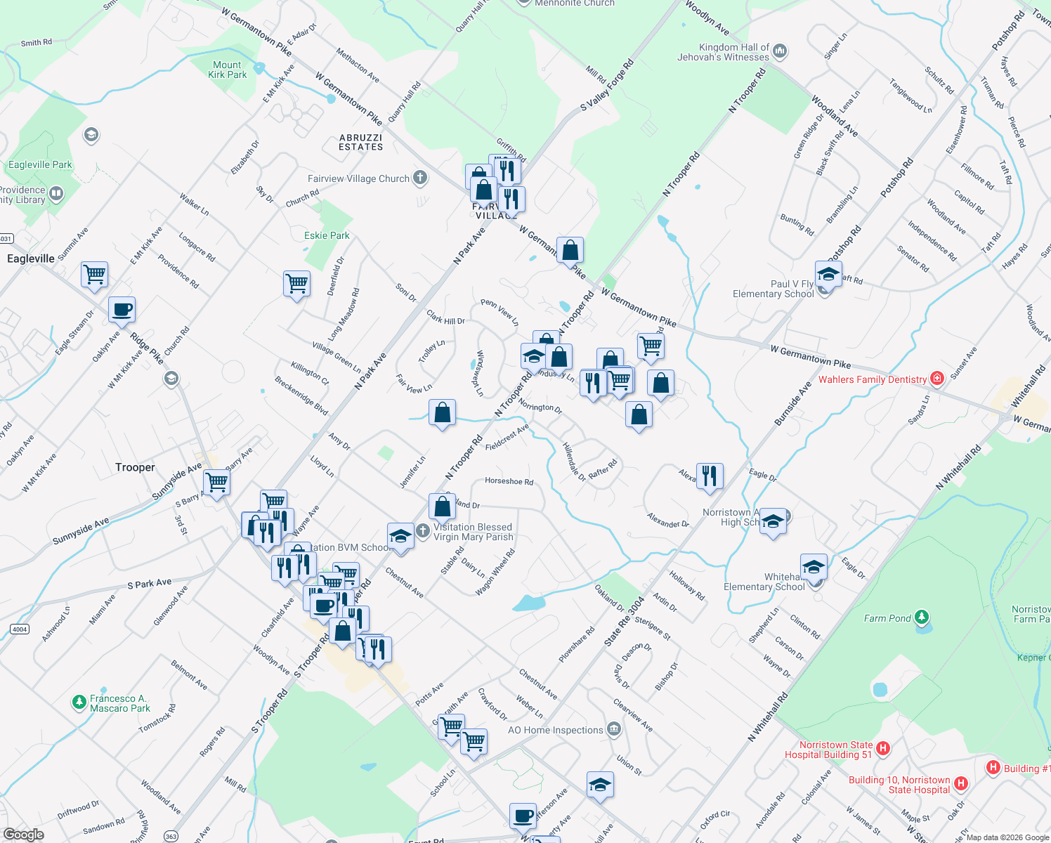 map of restaurants, bars, coffee shops, grocery stores, and more near 2473 Fieldcrest Ave in Eagleville
