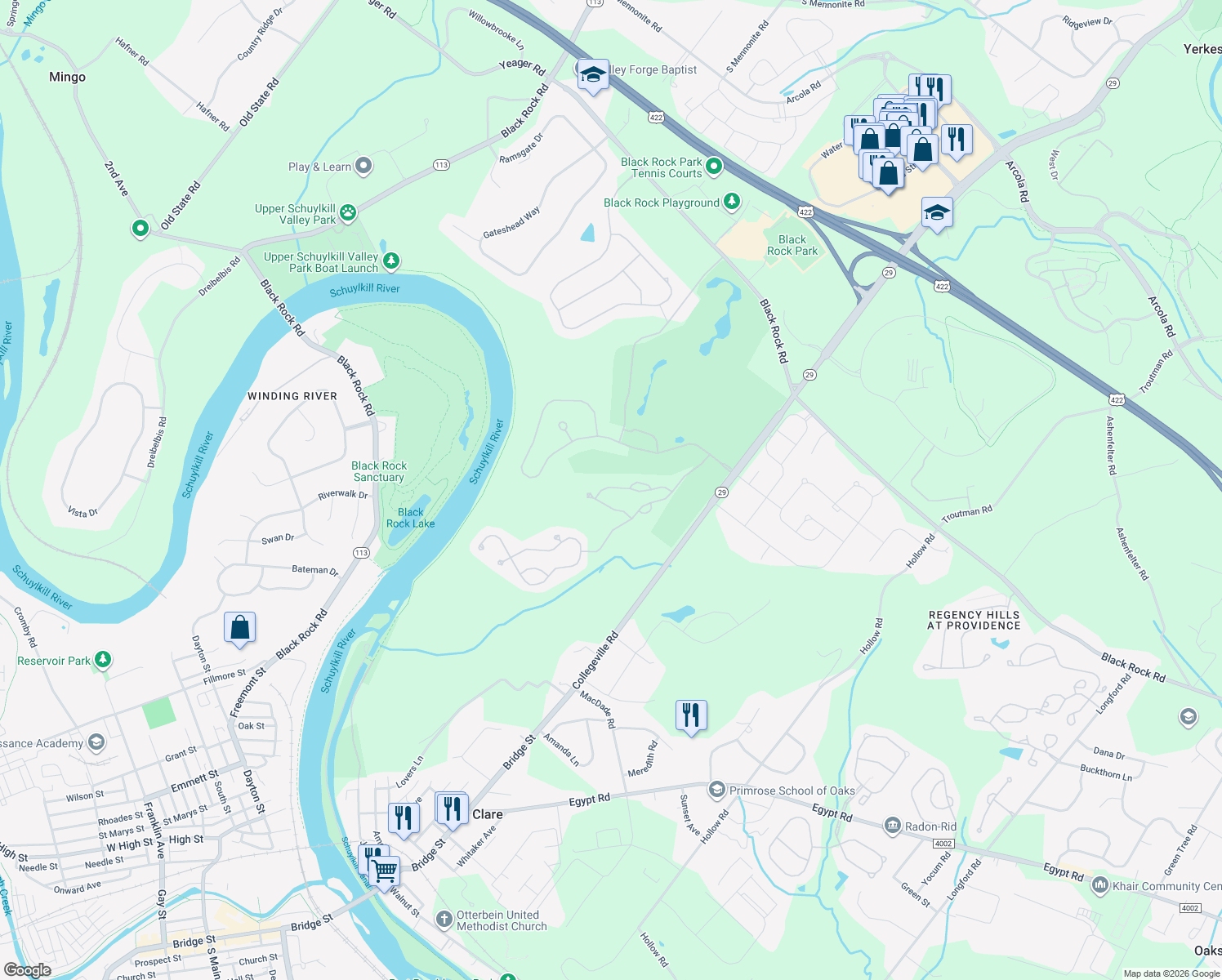 map of restaurants, bars, coffee shops, grocery stores, and more near 30 Eagle Rd in Phoenixville