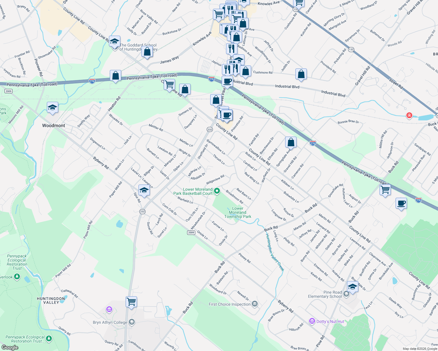 map of restaurants, bars, coffee shops, grocery stores, and more near 3822 Ridgeview Road in Montgomery County
