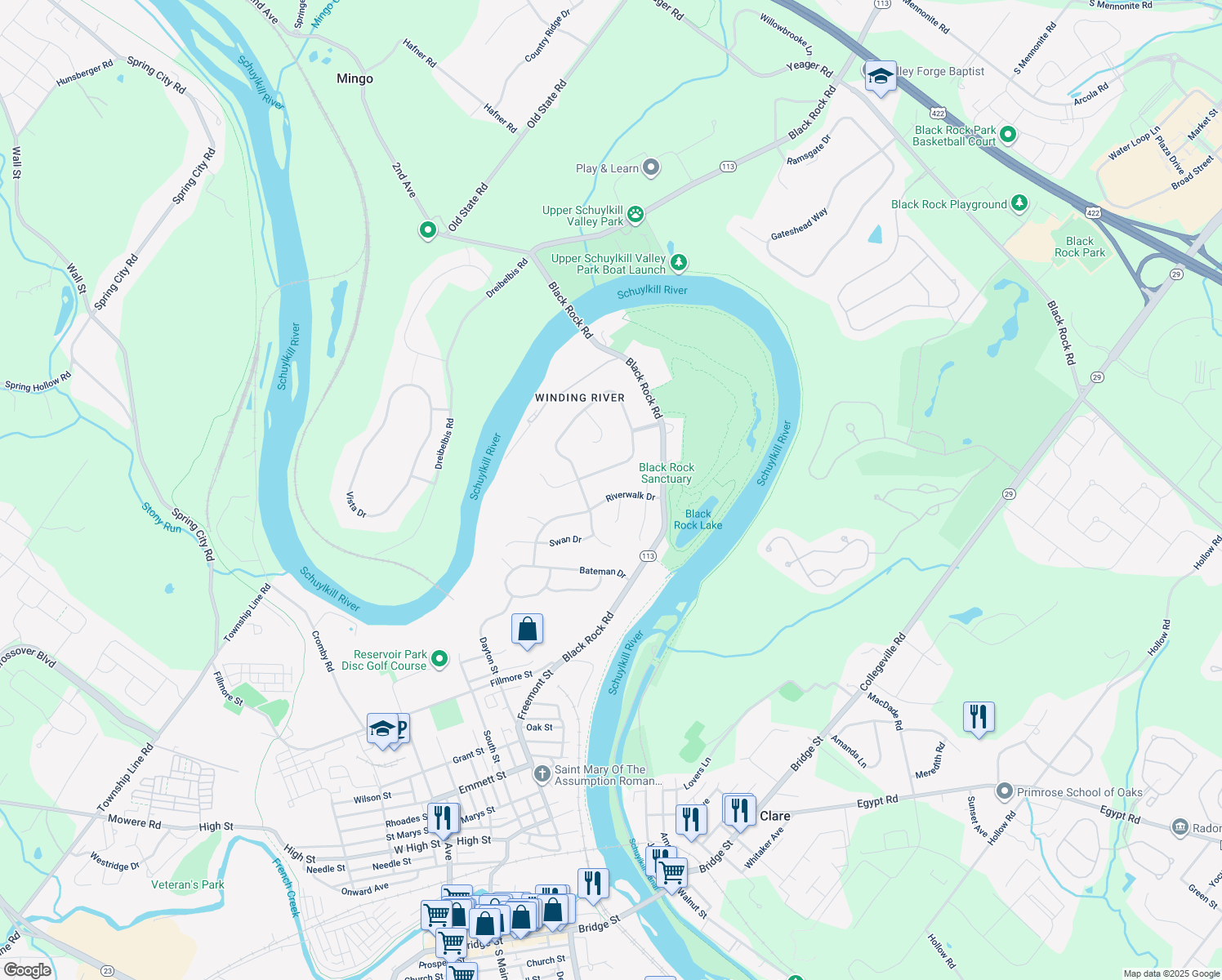 map of restaurants, bars, coffee shops, grocery stores, and more near 1008 Riverwalk Drive in Phoenixville