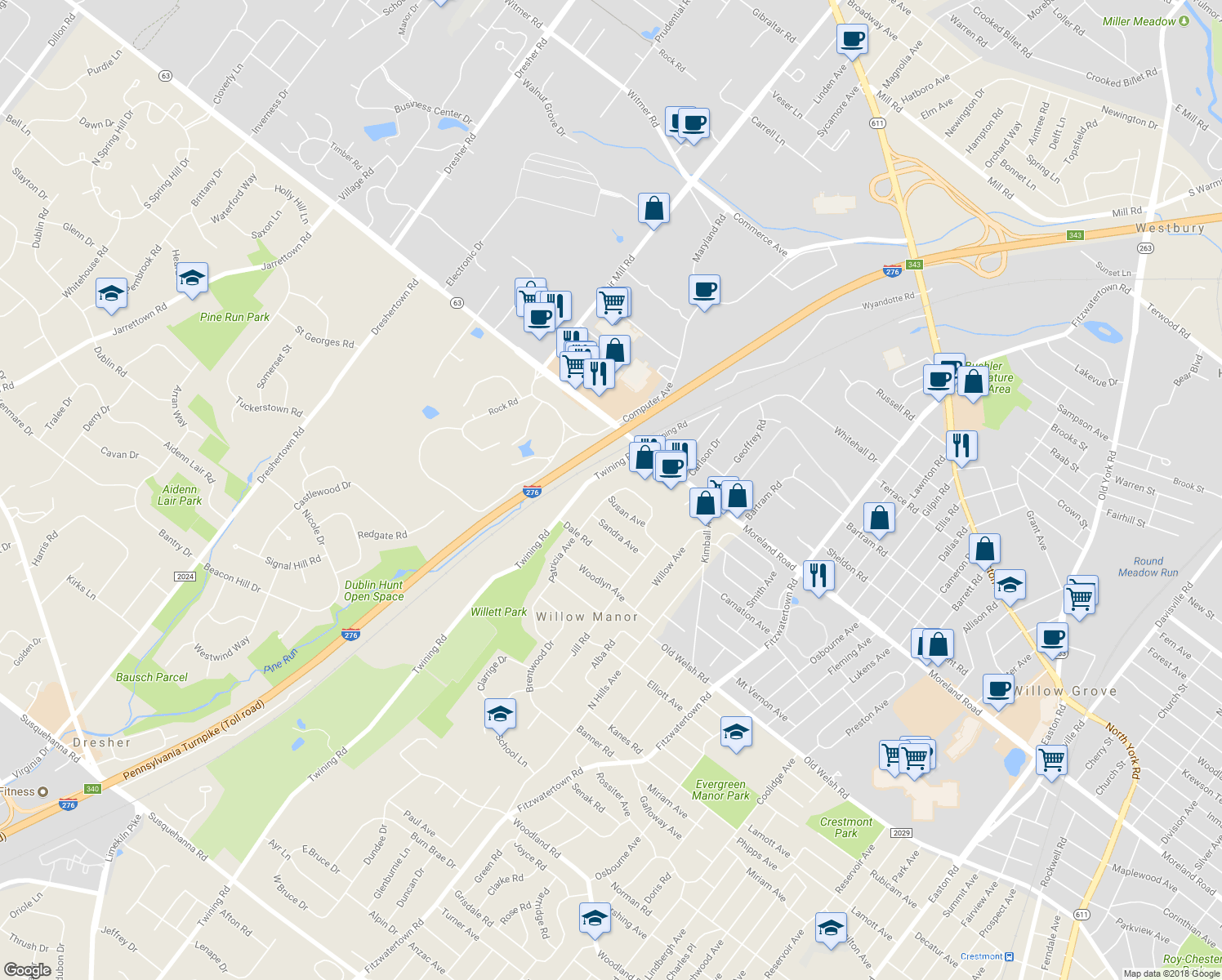 map of restaurants, bars, coffee shops, grocery stores, and more near 1836 Patricia Avenue in Willow Grove