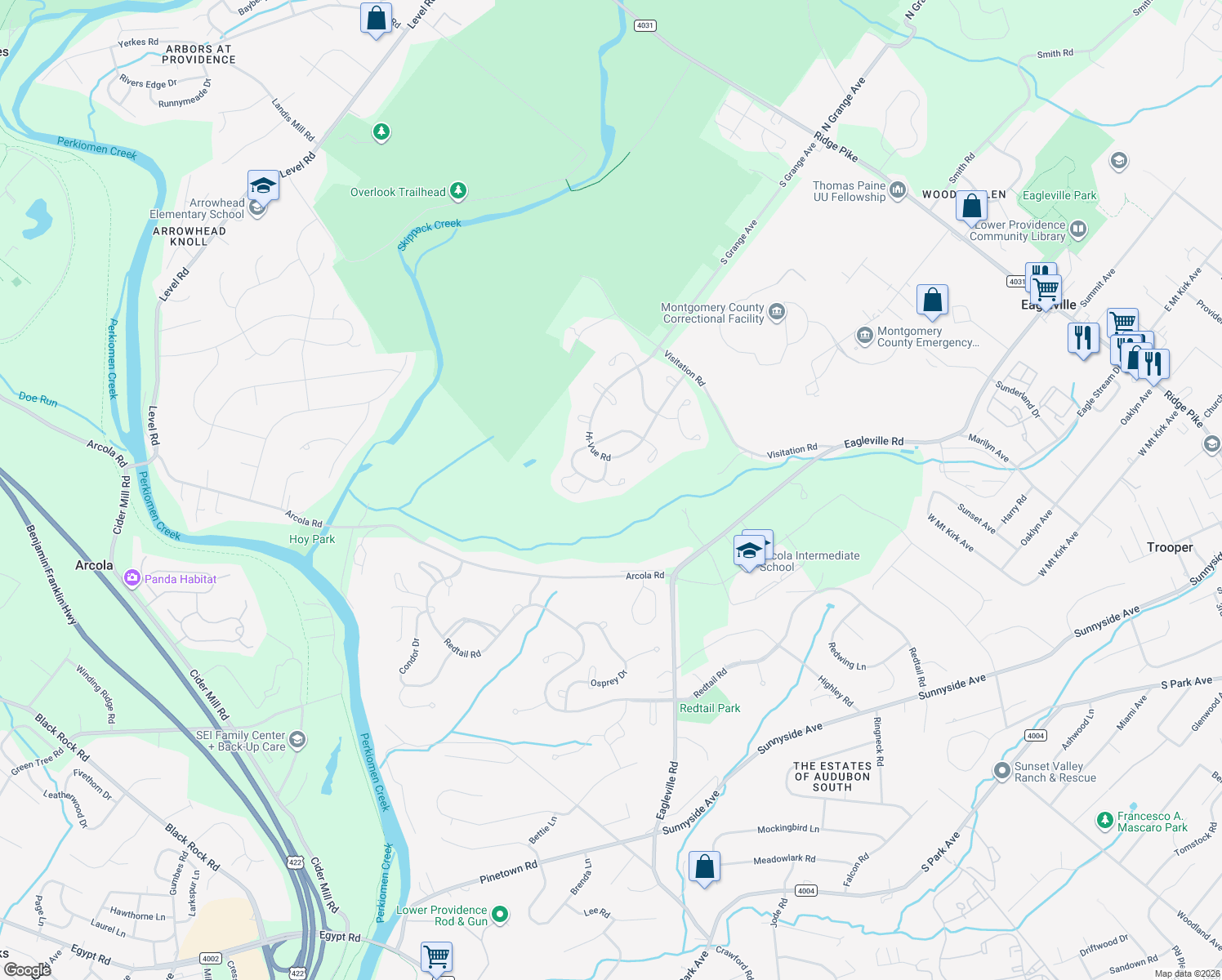 map of restaurants, bars, coffee shops, grocery stores, and more near 7009 Pleasant View Circle in Collegeville