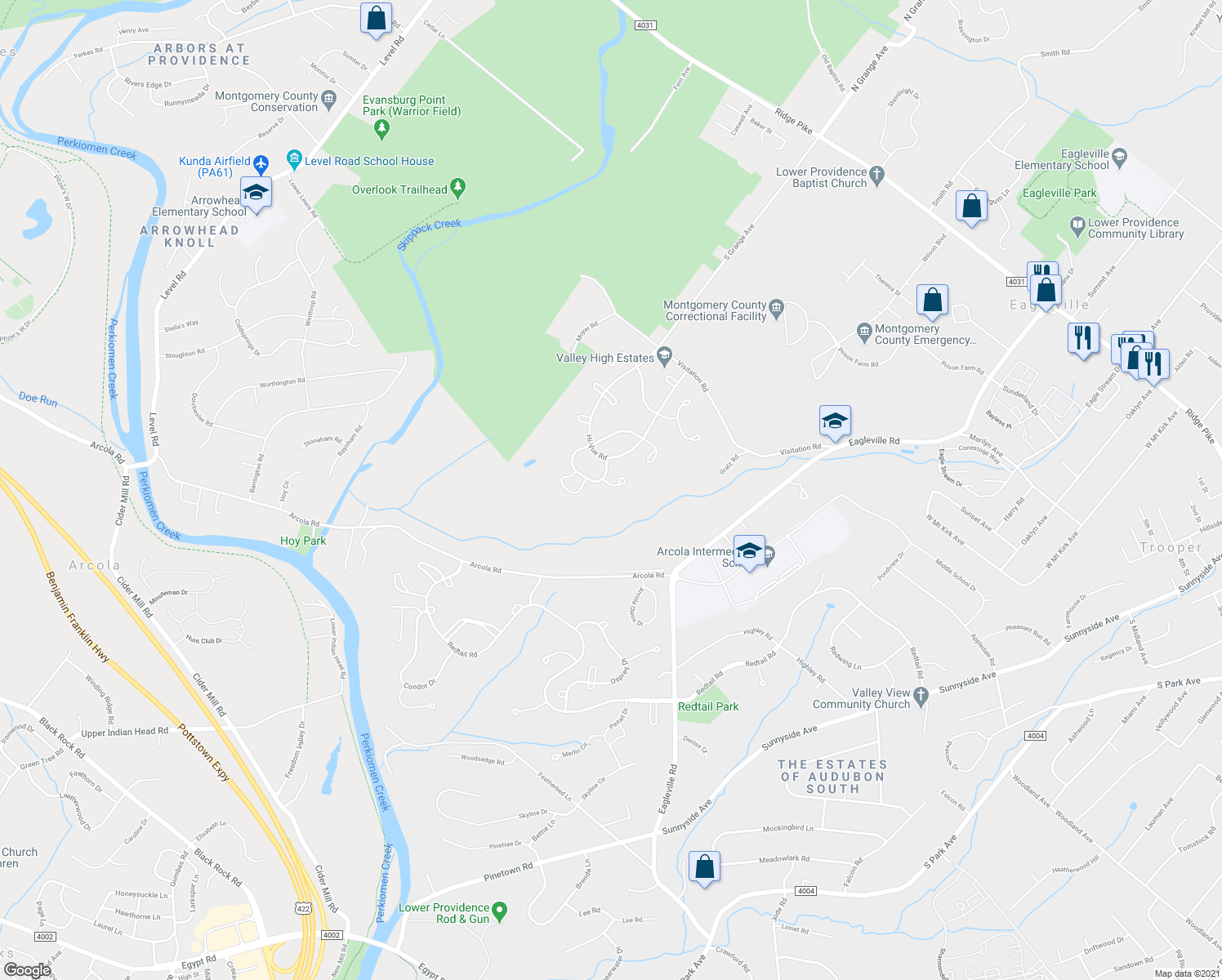 map of restaurants, bars, coffee shops, grocery stores, and more near 7005 Pleasant View Circle in Collegeville