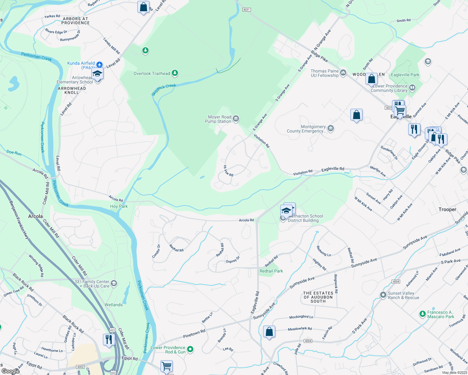 map of restaurants, bars, coffee shops, grocery stores, and more near 7005 Pleasant View Circle in Collegeville